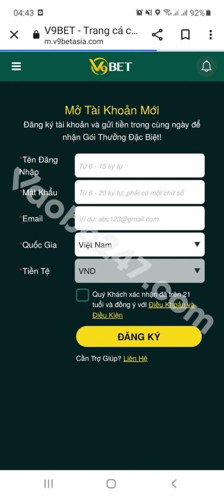 Mẫu thông tin đăng ký V9bet trên điện thoại