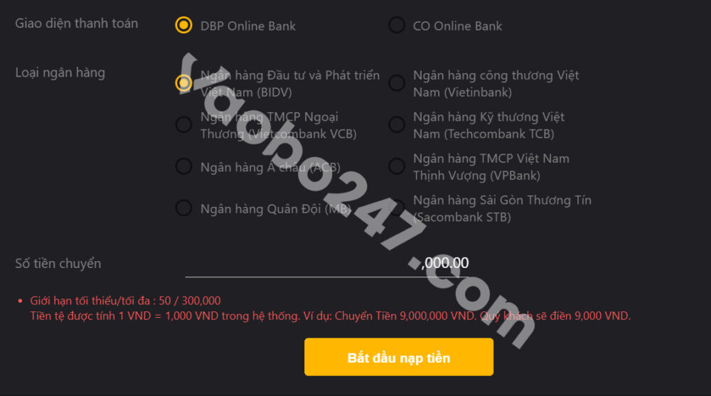 Nạp tiền Fi88 qua hình thức chuyển khoản trực tuyến 