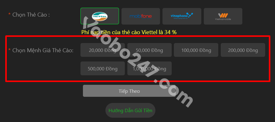 Người chơi chọn mệnh giá thẻ nạp