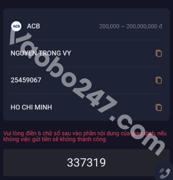 Người chơi copy thông tin chuyển tiền và thực hiện giao dịch chuyển tiền 