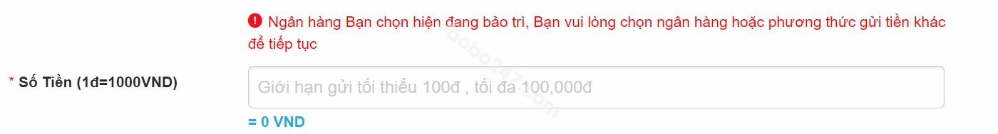 Người chơi điền thông tin số tiền nạp 