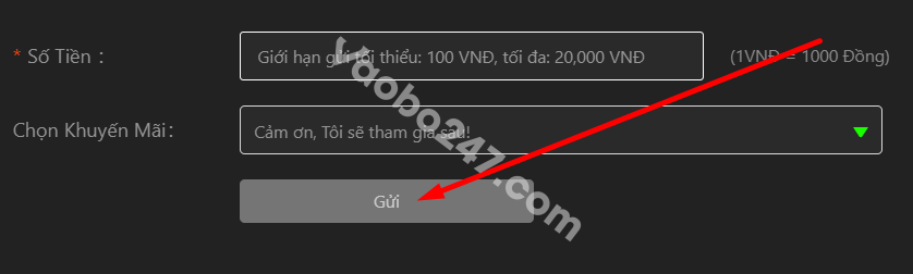 Người chơi nhấn nút gửi để hoàn tất thủ tục nạp tiền vào tài khoản JBO 