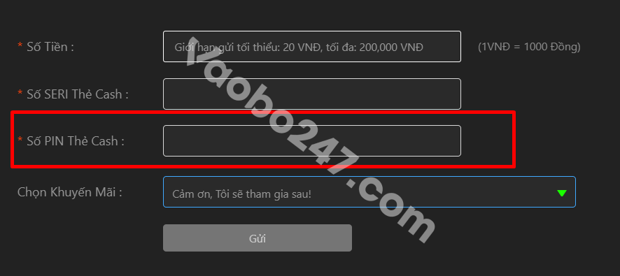 Người chơi nhập số pin thẻ cash 