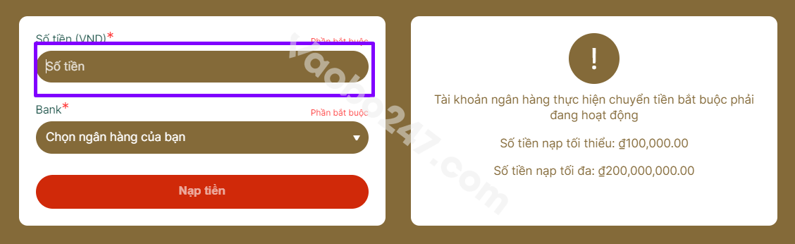 Người chơi nhập số tiền mình muốn nạp vào tài khoản 
