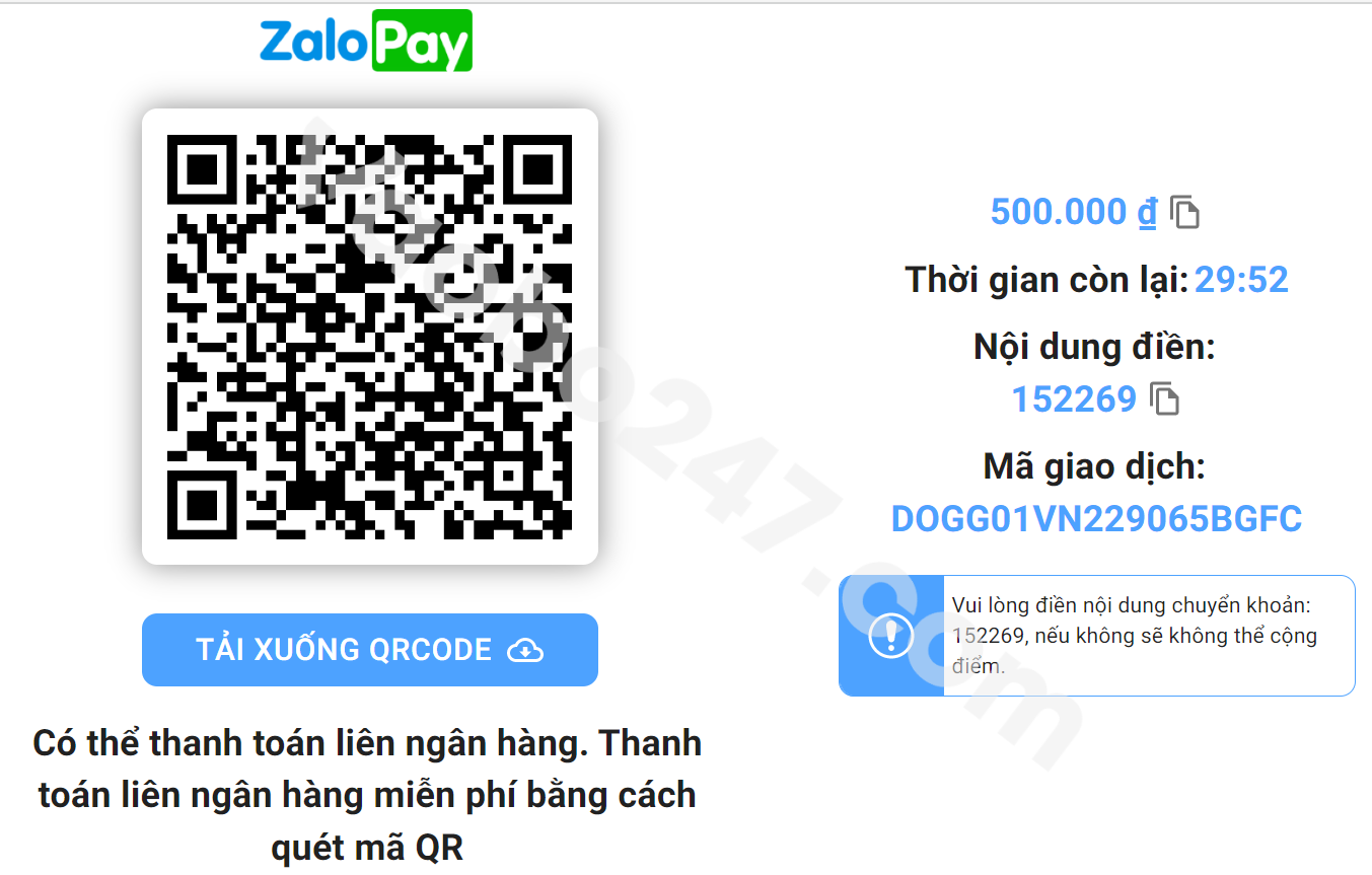 Người chơi thực hiện chuyển tiền thông qua Zalo Pay 