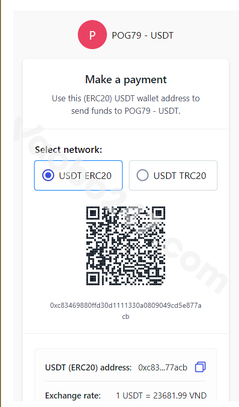 Người chơi thực hiện giao dịch nạp tiền tại Pog79 thông qua tiền ảo bằng cách quét mã QR và chuyển tiền 