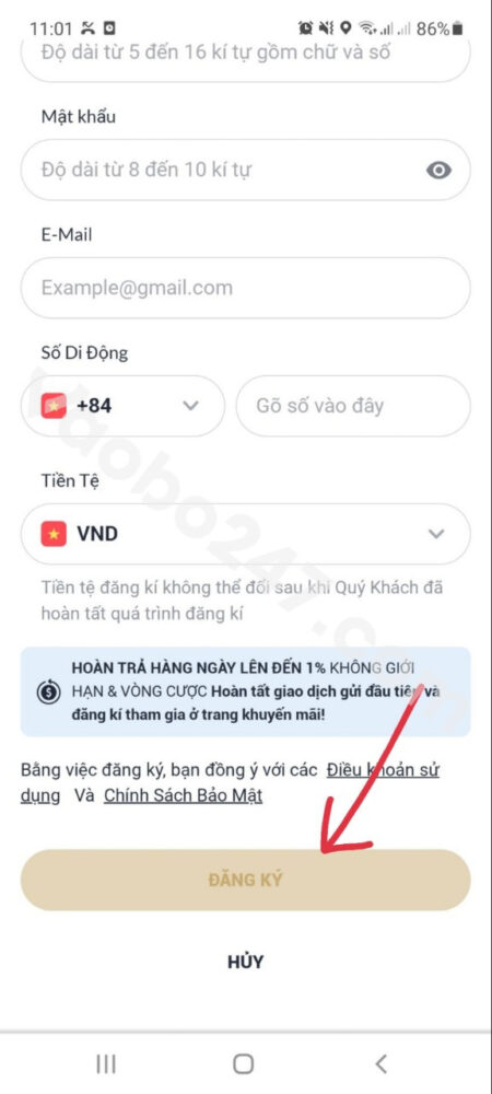 Nhấn đăng ký để tạo tài khoản M88