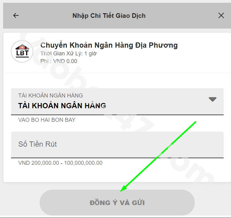 Nhấn đồng ý và gửi để hoàn tất giao dịch rút tiền 188bet