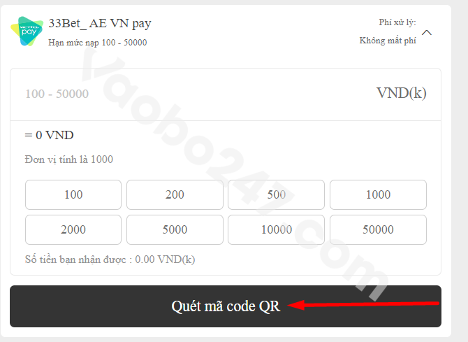 Nhấn Quét mã code Qr