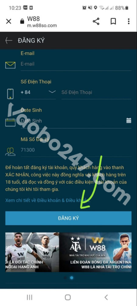 Nhấn vào mục “Đăng ký” ở cuối tại website W88