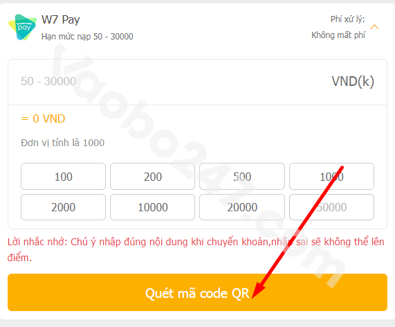 Nhấn vào mục quét mã code QR 