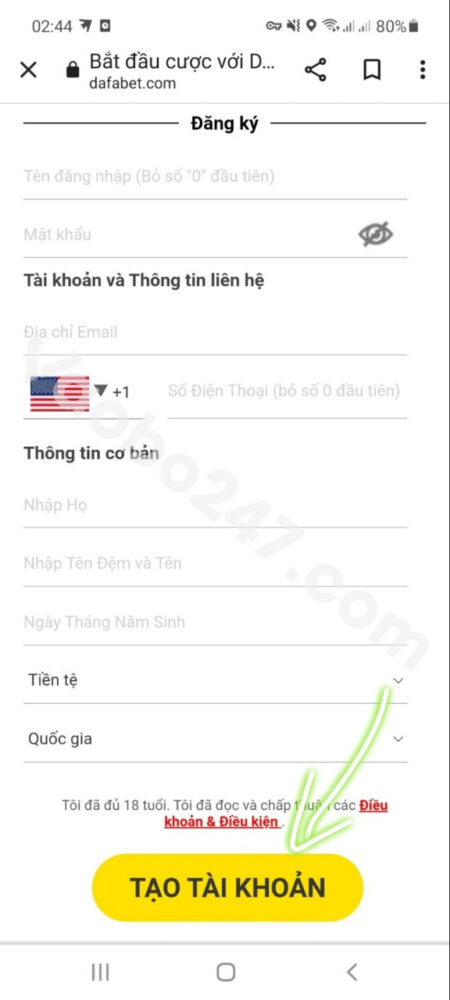 Nhấn vào nút “Tạo tài khoản” để trải nghiệm cá cược ngay tại Dafabet