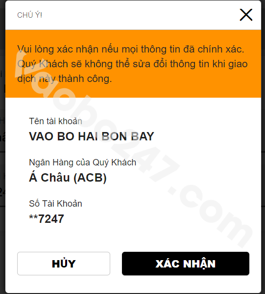 Nhấn xác nhận để thêm tài khoản ngân hàng