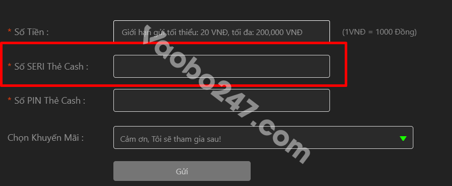 Nhập seri số thẻ cash 
