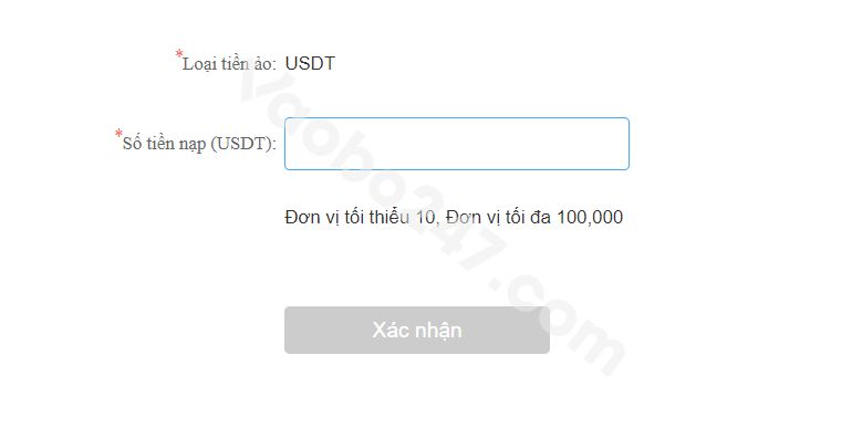 Nhập số tiền nạp đơn vị là USDT