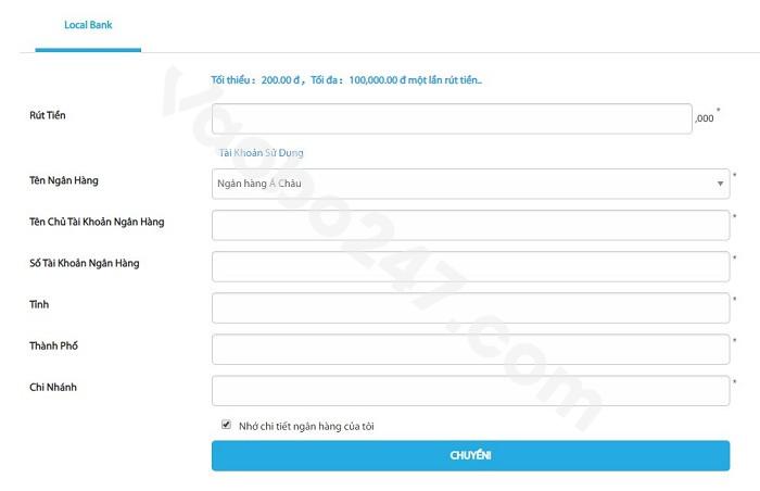 Nhập thông tin số tiền và tài khoản ngân hàng nhận tiền 