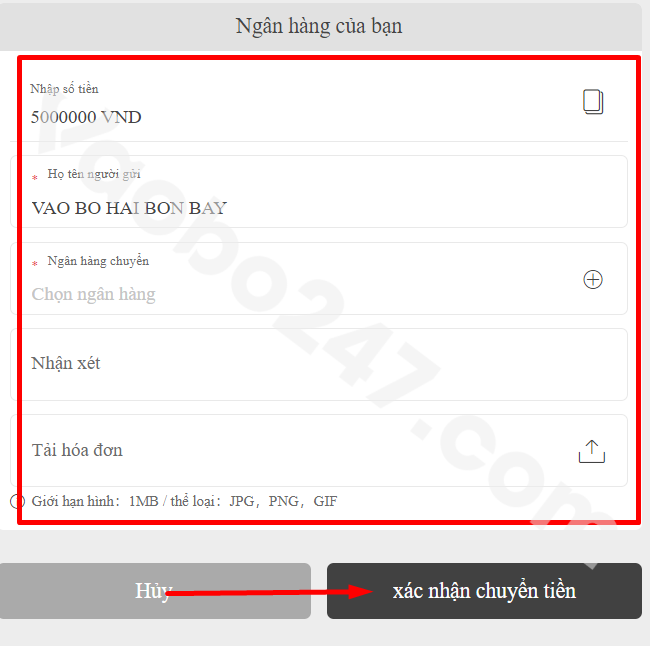 Nhập thông tin và bấm chọn xác nhận chuyển tiền