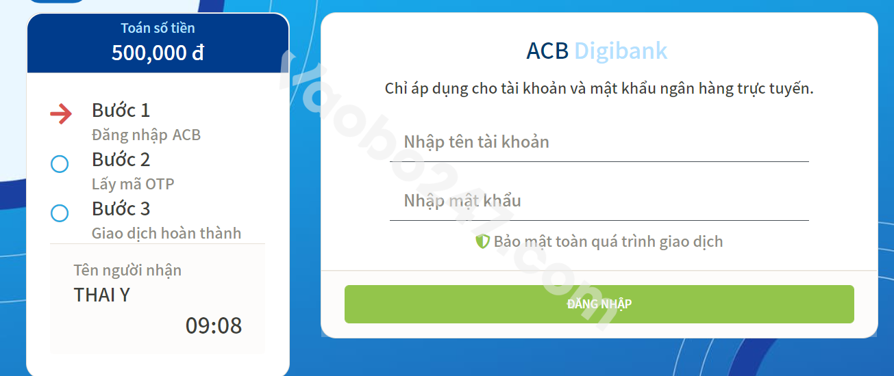 Nhập vào tài khoản internet banking để giao dịch 