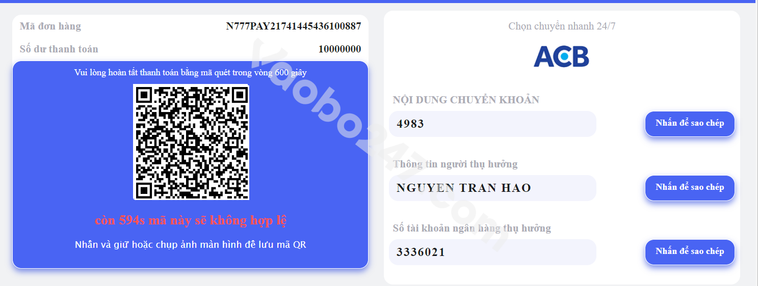 Quét mã Qr hoặc sao chép thông tin 