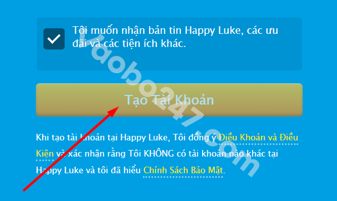 Tạo tài khoản Happyluke thành công 