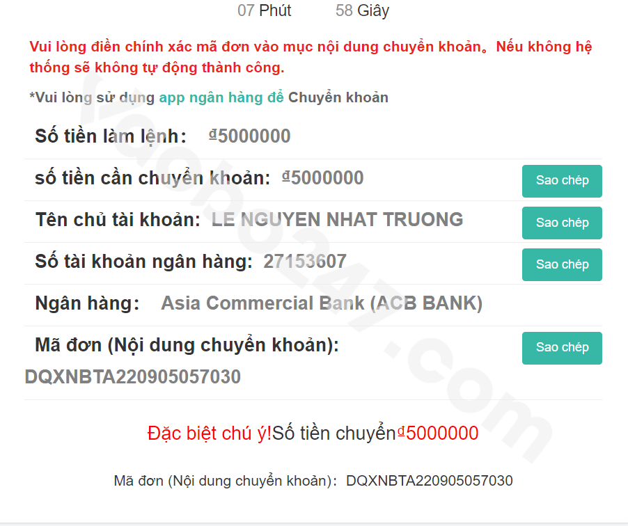 Thực hiện giao dịch chuyển tiền đến số tài khoản được hệ thống cung cấp 