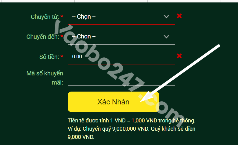 Nhấn vào ô gửi tiền để hoàn tất 