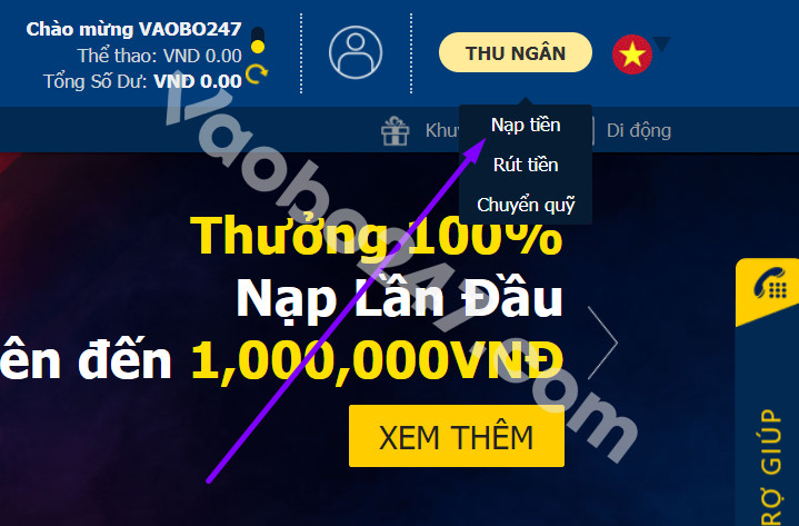 Anh em nhấn chọn mục "Nạp tiền"