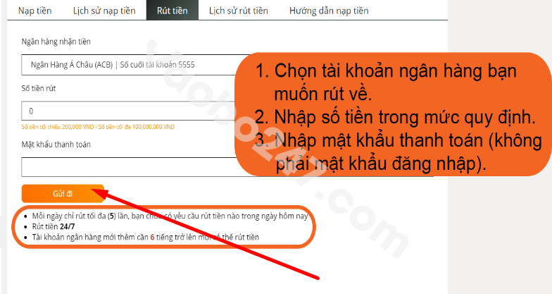 Anh em nhấn vào ô "gửi đi" để thực hiện lệnh rút tiền 