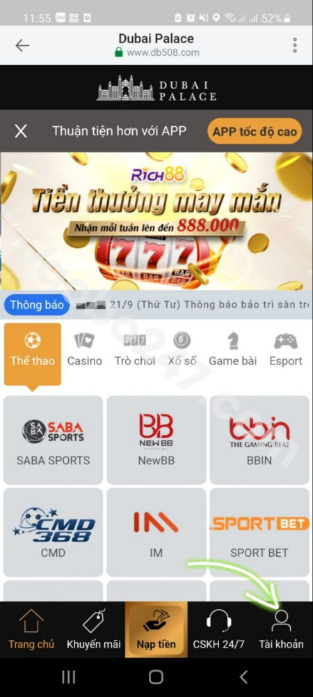 Bấm chọn biểu tượng tài khoản 