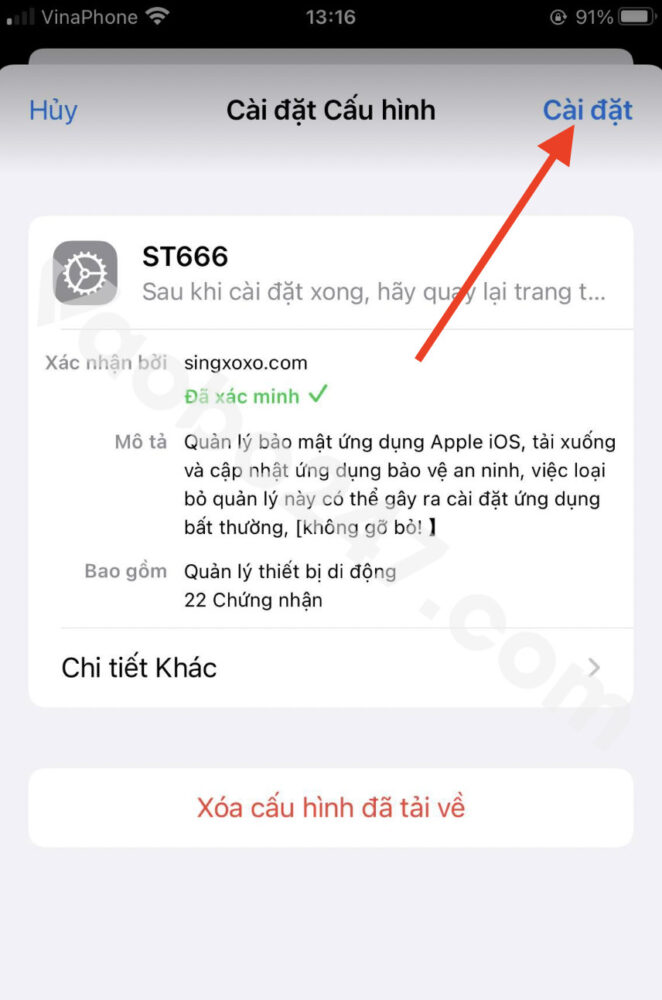 Bấm chọn Cài đặt để tiến hành cấp quyền cho app 