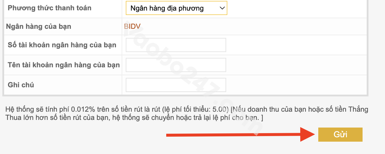 Bấm chọn Gửi để kết thúc quy trình giao dịch rút tiền 