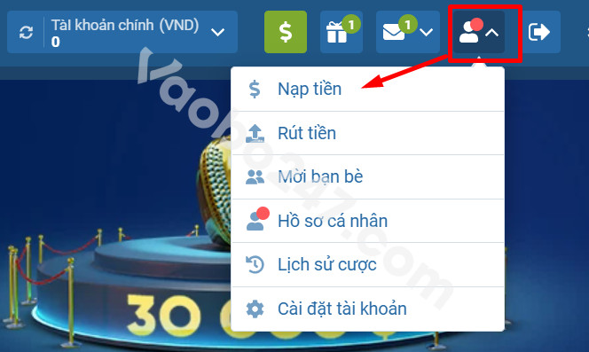Bấm chọn Nạp tiền trong biểu tượng tài khoản