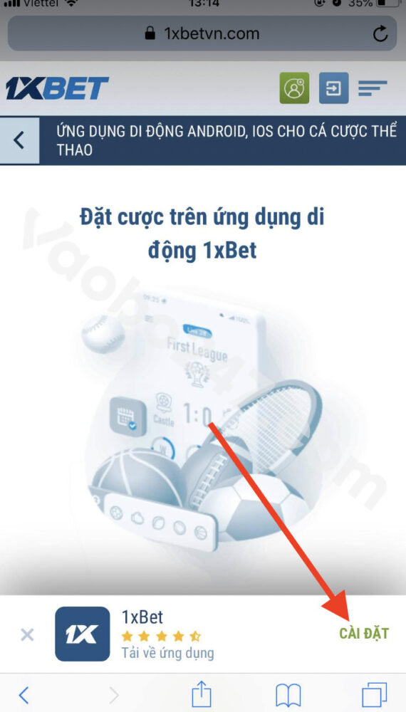 Bấm chọn nút cài đặt để tiến hành tải 1xbet 