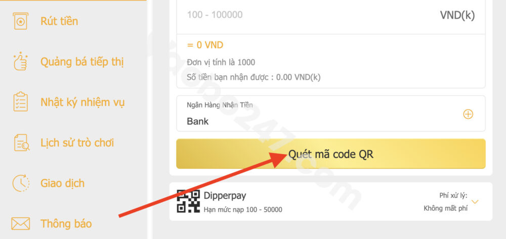 Bấm chọn quét mã code Qr