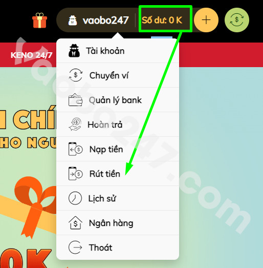 Bấm chọn “Rút tiền" trong mục số dư 