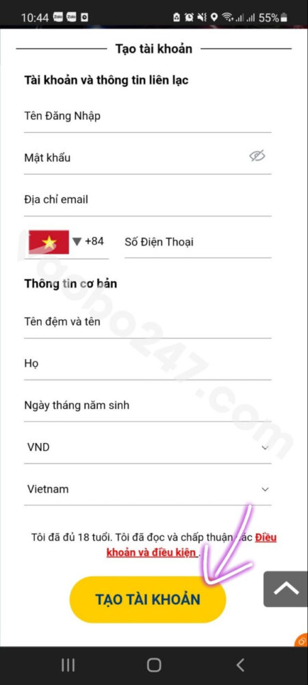 Bấm vào mục tạo tài khoản để hoàn thành quá trình đăng ký 