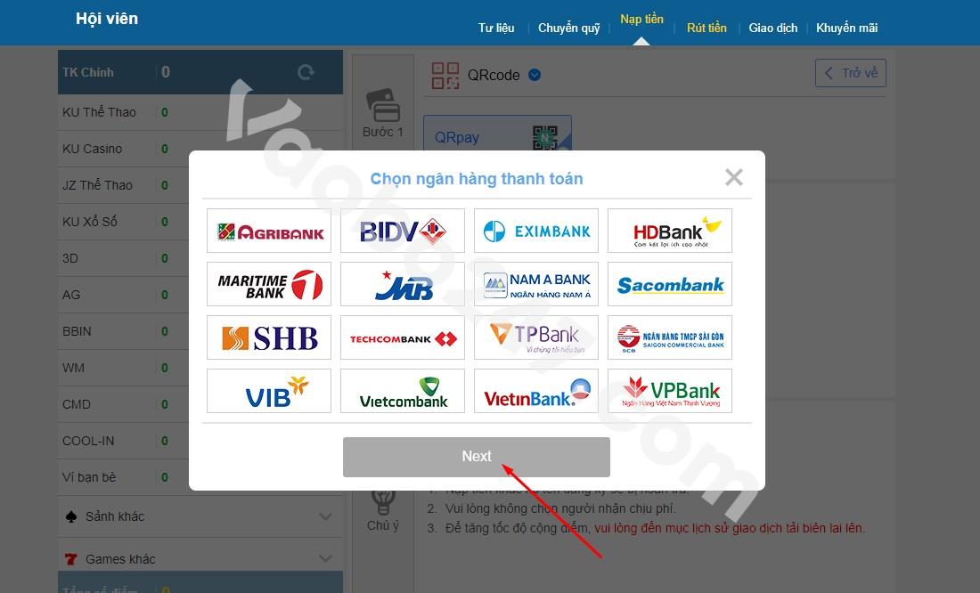 Bạn hãy chọn ngân hàng giao dịch