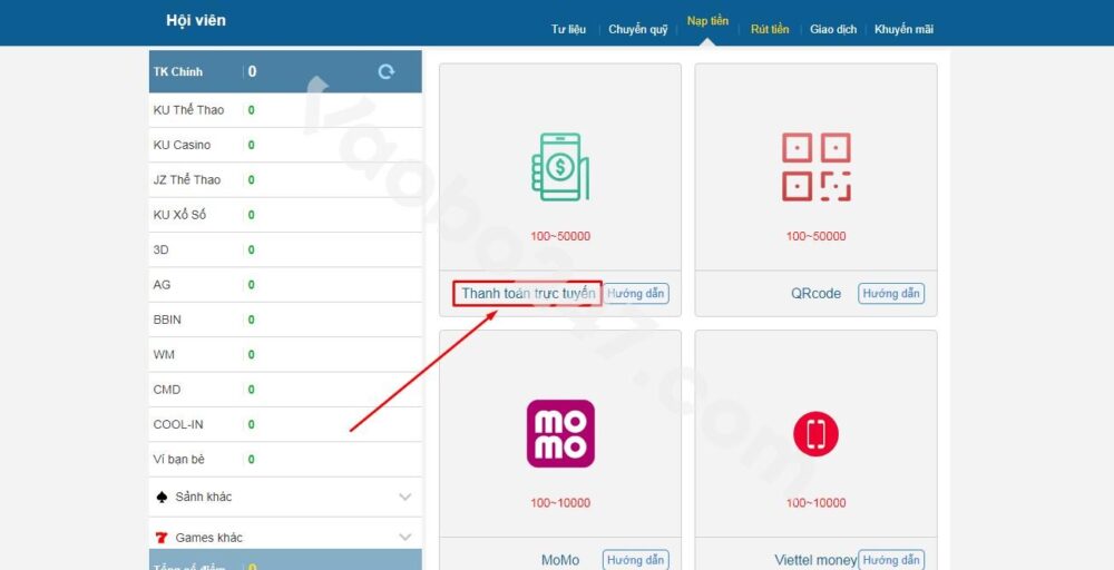 Bạn hãy chọn vào hình thức thanh toán trực tuyến