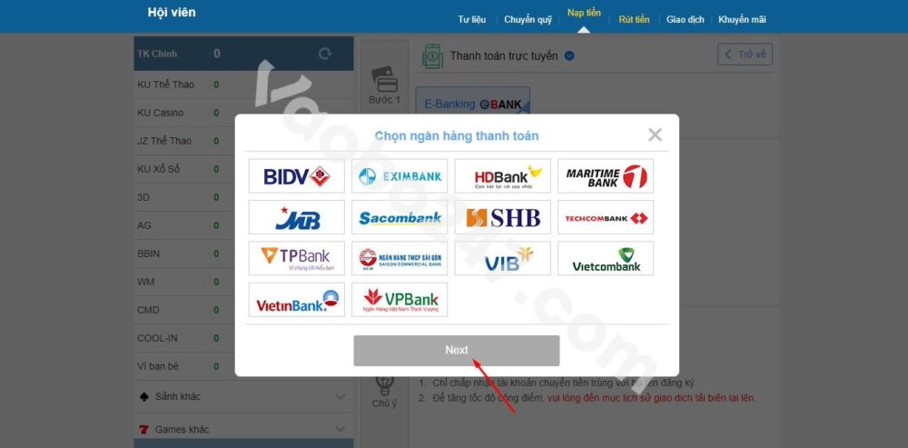 Bạn hãy lựa chọn ngân hàng thanh toán