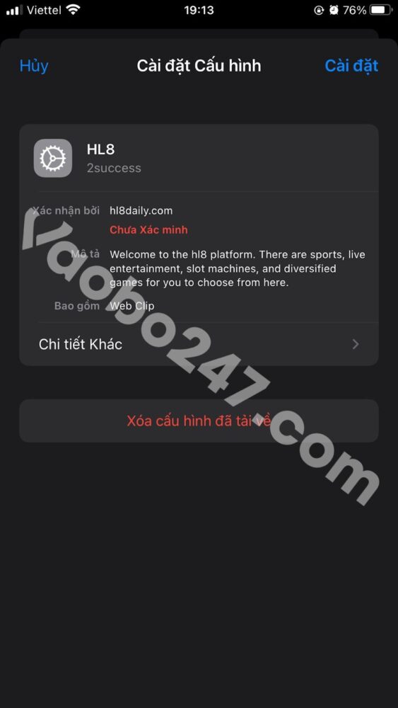 Bạn nhấn cài đặt để tiến hành xác minh app trên máy