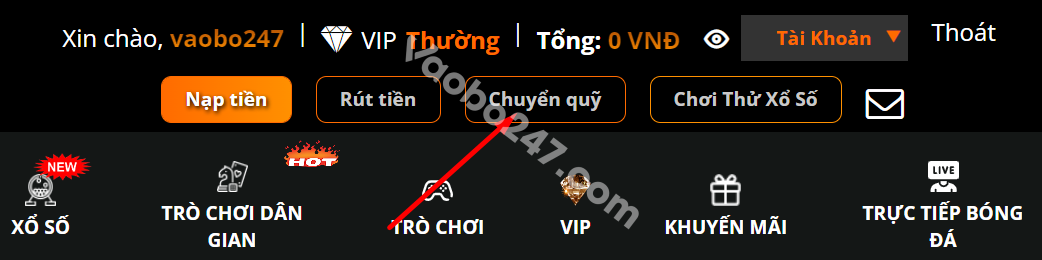 Chơi nhấn vào ô "chuyển quỹ"