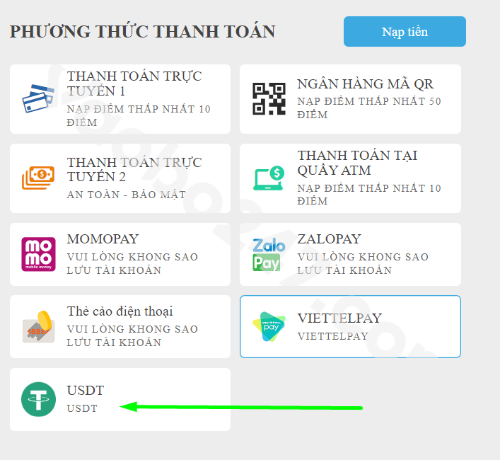 Chọn hình thức nạp tiền qua USDT