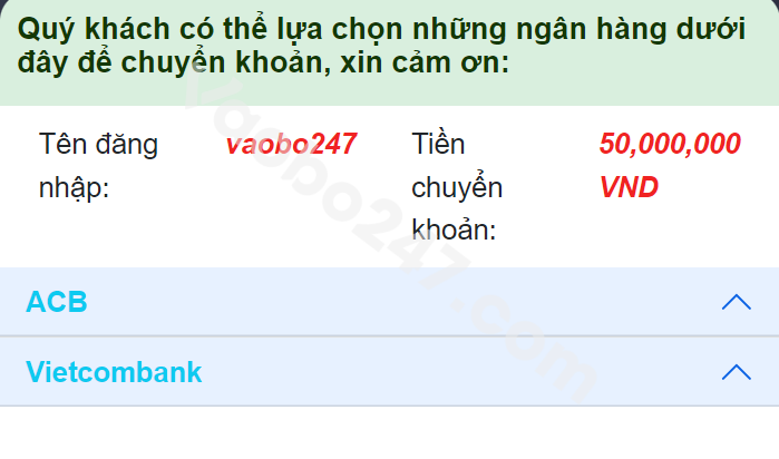 Chọn một trong hai ngân hàng để nạp tiền F8bet 