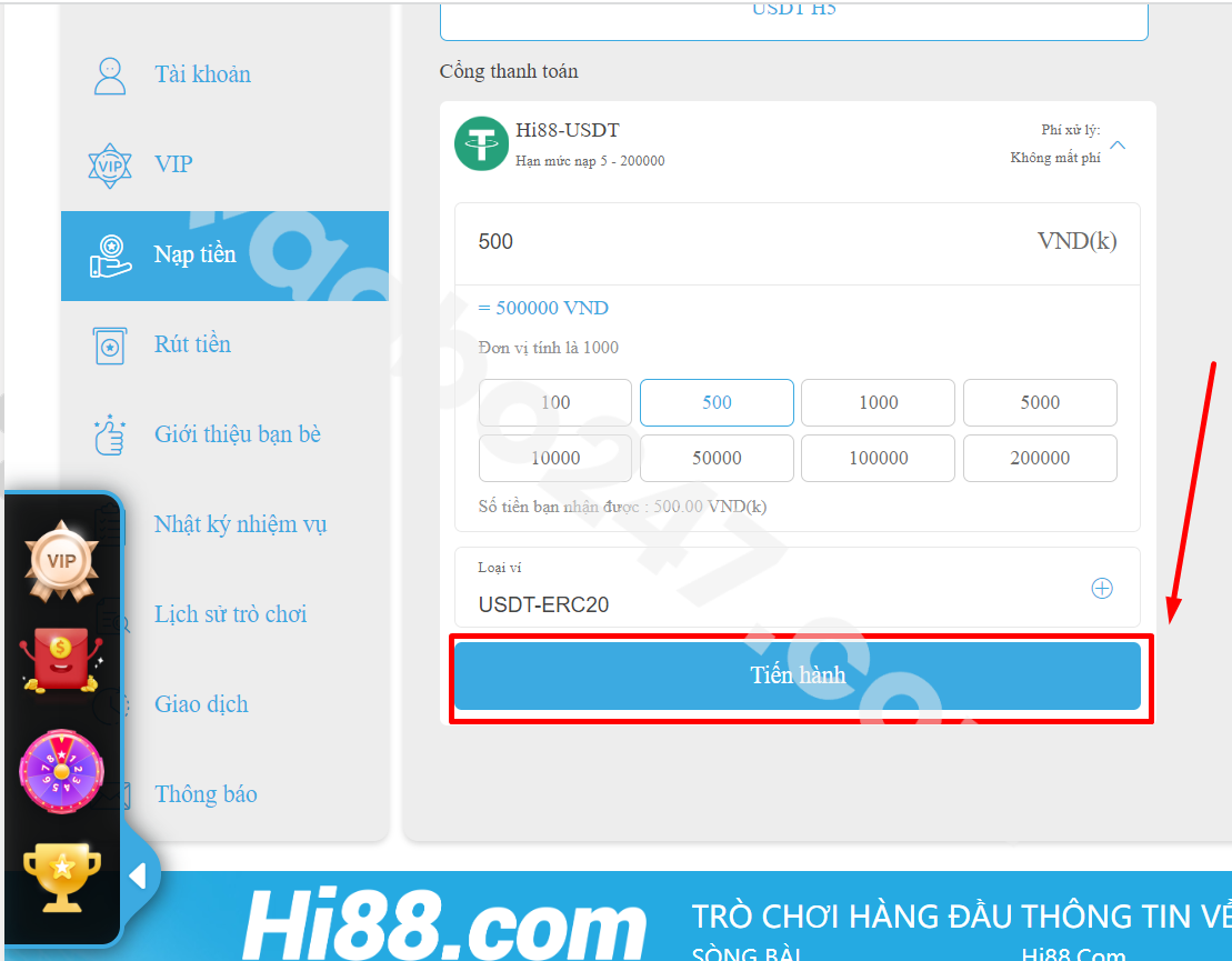 Chọn mục tiến hành trong form nạp tiền qua USDT