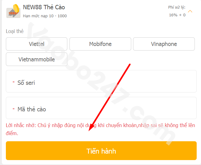 Chọn mục"tiến hành" để nạp tiền