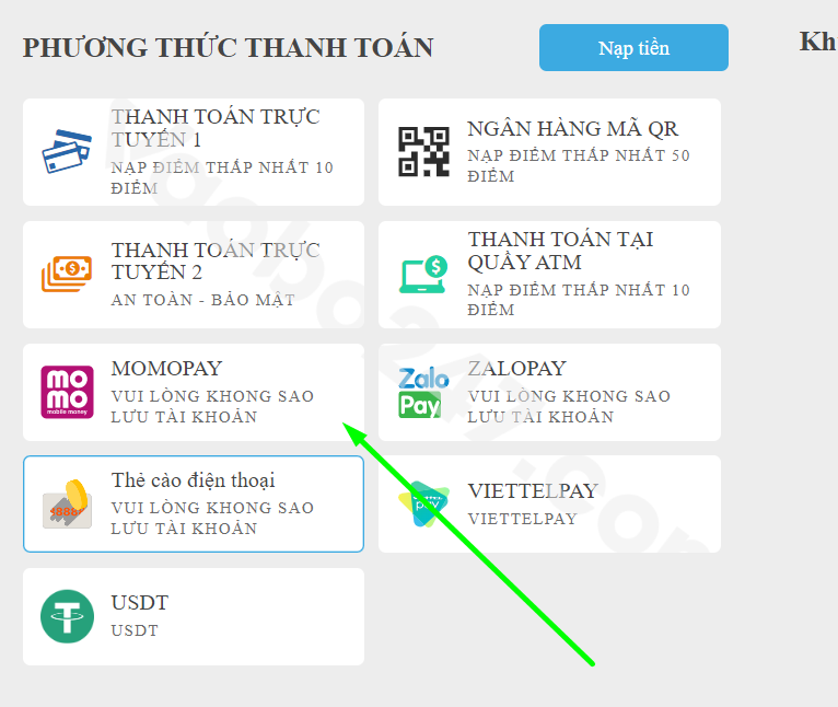 Chọn nạp tiền qua Momopay tại Hi88