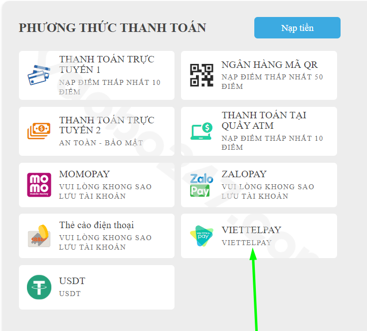 Chọn nạp tiền qua Viettel Pay