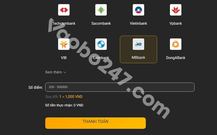 Chọn ngân hàng và nhập số tiền