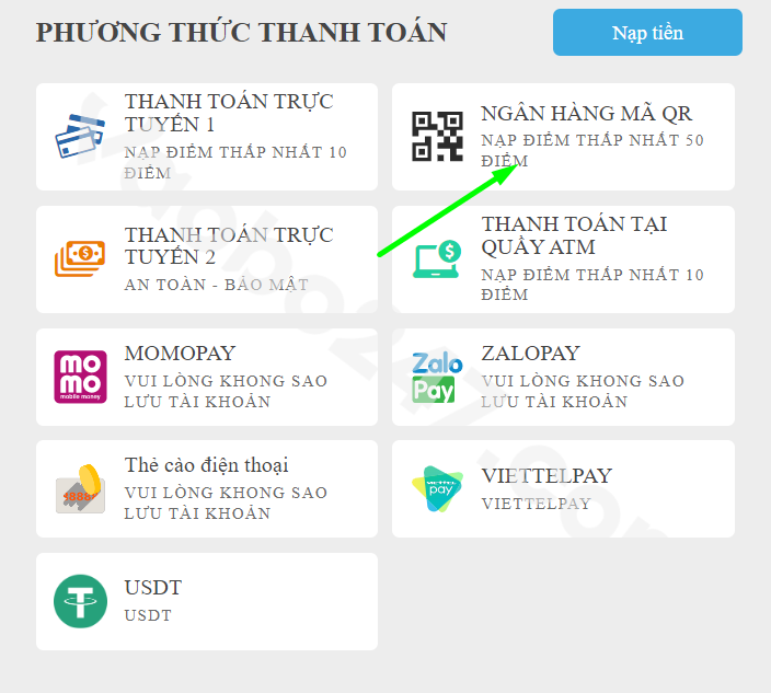 Chọn phương thức nạp tiền ngân hàng mã QR