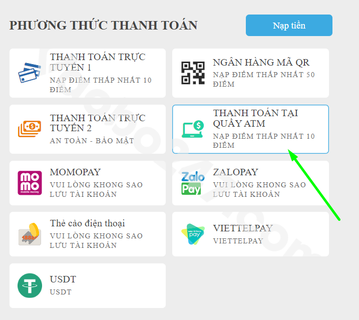 Chọn phương thức nạp tiền thanh toán tại quầy ATM